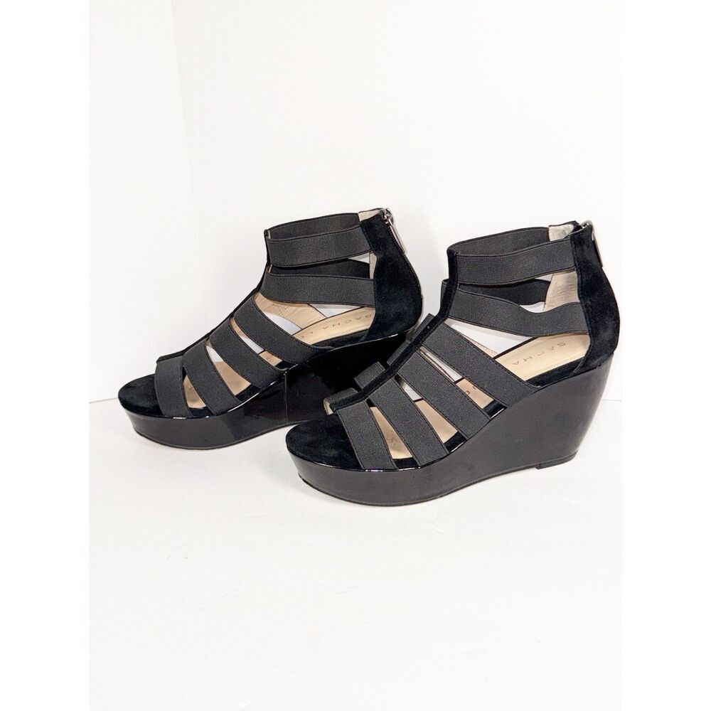 Sacha London Omega Wedge Strappy Sandal Elastic Black Patent Leather Classic 7.5 - Picture 6 of 14